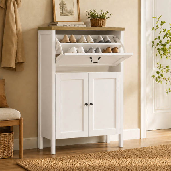 Shoe Cabinet with Flip Drawer, Boot Rack and 6 Boot Clips, Narrow Entryway Shoe Cabinet with Adjustable Shelf, Freestanding Shoe Organizer Cabinet for Entryway, Foyer, 31.5"W x 15.7"D x 45.3"H-White-1