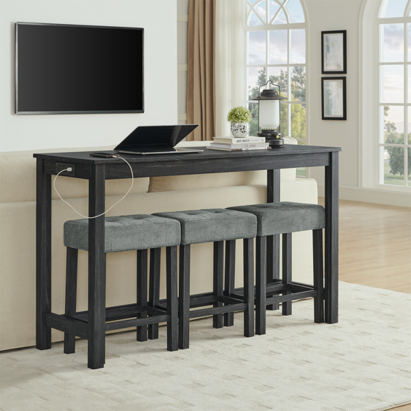 59 Inch Bar Table, Dining Table, Sofa Table with Power Outlet, 3 Upholstered Stools, 4 Piece Bar Table and Chair Set for Living Room, Dining Room, Kitchen-3