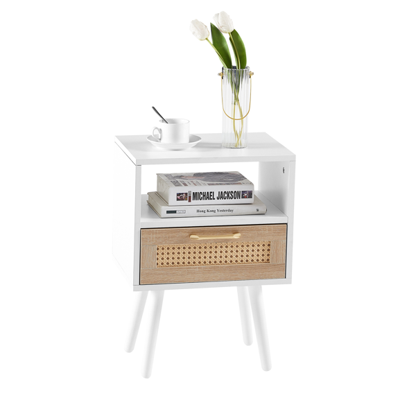 15.75" Rattan End table with  drawer and solid wood legs, Modern nightstand, side table for living room, bedroom, white-5