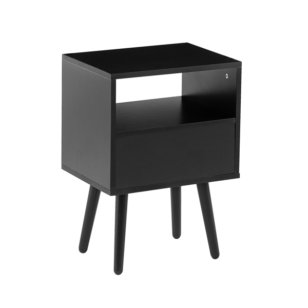 15.75" Rattan End table with  drawer and solid wood legs, Modern nightstand, side table for living room, bedroom, black-11