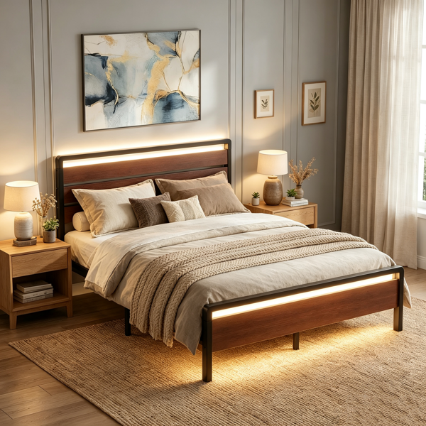 黑+红棕色 Queen 铁木平板床 3横板间隔 LED灯 插座 铁床 PB03SBRQ 美国-12