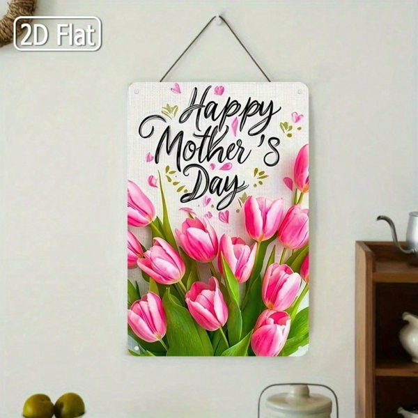 CIFbuy 1个母亲节快乐铁皮装饰牌，粉色郁金香乡村风2D平面墙饰 8x12英寸（TikTok, temu 自提物流）-4