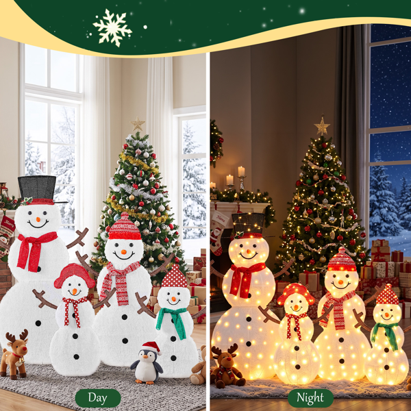 4pcs 5ft 白色 2D雪人一家四口树枝手 蒙布绒布 250灯暖白灯 圣诞灯饰雪人 4.5V 3.6W-5