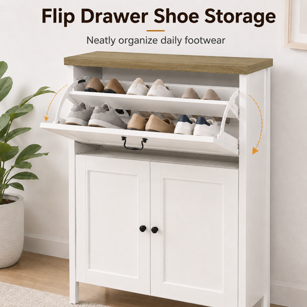 Shoe Cabinet with Flip Drawer, Boot Rack and 6 Boot Clips, Narrow Entryway Shoe Cabinet with Adjustable Shelf, Freestanding Shoe Organizer Cabinet for Entryway, Foyer, 31.5"W x 15.7"D x 45.3"H-White-11