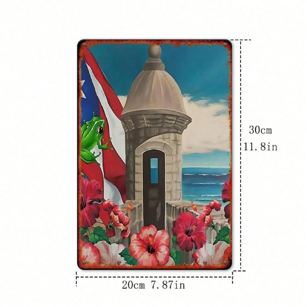 CIFbuy 复古波多黎各国旗金属铁皮装饰牌 8x12，海岸风光青蛙铁艺作品（TikTok, temu 自提物流）-4
