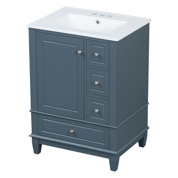 24" Bathroom Vanity with Sink and Drawers, Gray Blue Freestanding Vanity Cabinet with Ceramic Top and Storage Shelves, MDF and Solid Wood Base, Modern Sink Cabinet for Small Bathrooms-26