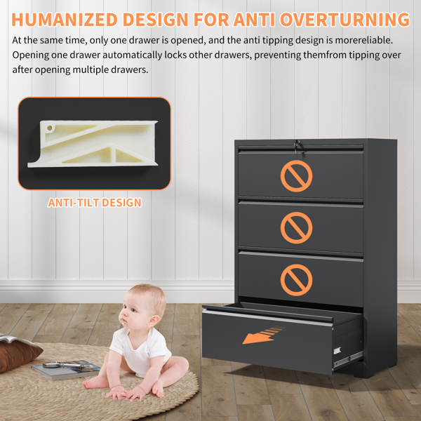4 Drawer Lateral File Cabinet, Heavy Duty Metal Filing Cabinet, 35.4 Inch Wide Locking File Cabinet for Home Office, Space-Saving Vertical Storage with Anti-Tip Interlock, for Letter/Legal/A4 Files-7