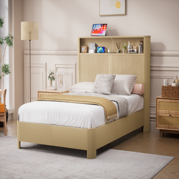Full Extra Long(Full XL) Size bed frame with storage headboard, built-in charging station, wavy curved lines design, silent operation, metal support, Natural-3