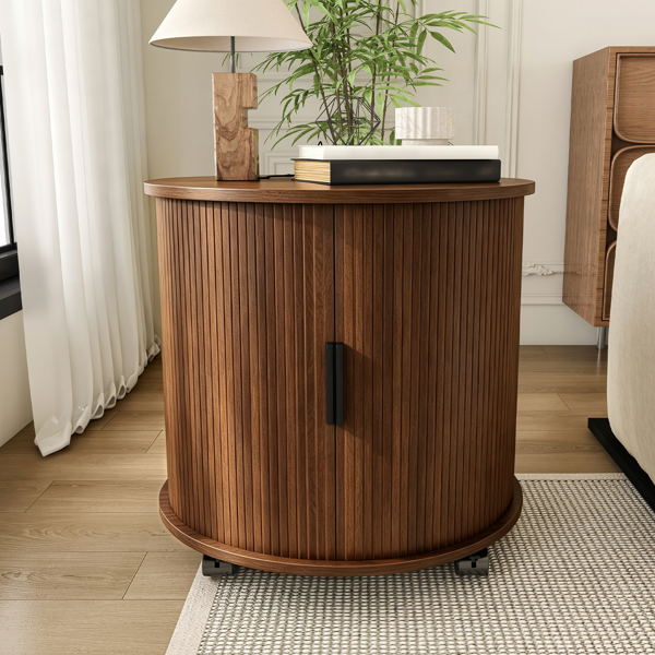 Mid Century Modern Cylinder End Table with Built-in Charging Station & Sliding Door, 2-Tier Storage Round Nightstand with USB Ports, Walnut Bedside Table for Living Room, Bedroom, Entryway-18
