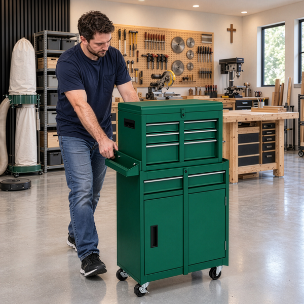 4抽带柜  带锁 330lb 钢制 维修工具车 军绿色-13