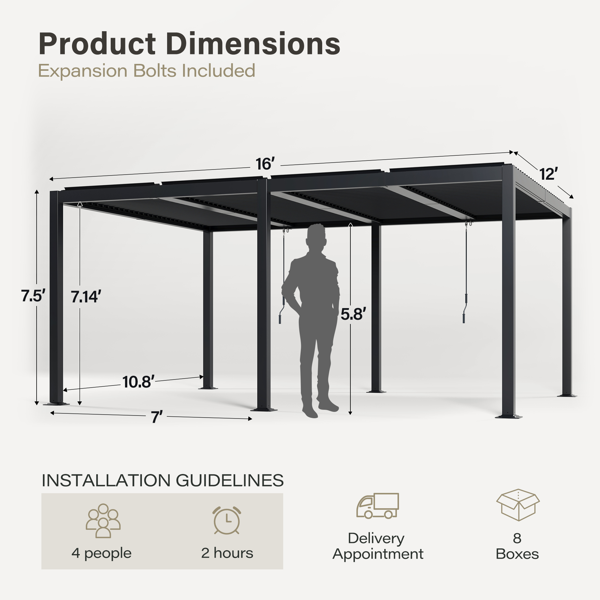 12' x 16'现代风格凉亭，带可调节百叶窗，适用于户外顶棚、花园，组装简便，经久耐用，炭灰色-3