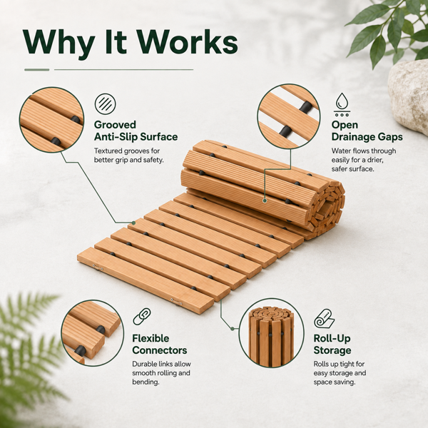 366 x 43 cmRoll-Out Wooden Walkway Mat, 1.5 cm Thick Portable Garden Pathway, Outdoor Wooden Boardwalk Path for Yard, Lawn, Beach, Patio and Camping-11