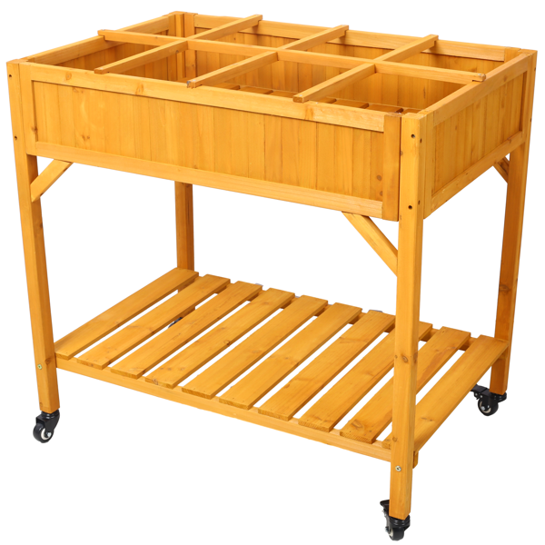 Elevated 8 Pocket Herb Garden Bed, Mobile Raised Customizable Wood Planter for Herbs, Vegetables, Flowers w/ Lockable Wheels, Storage Shelf, Drainage Holes-2