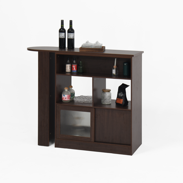 Modern Bar Cabinet with Rotating top, Counter Height Dining Cabinet with 6 Storage space and 2 Ribbed Glass Door for Kitchen, The Rotating Top with 3 Storage Shelves Dining Room, Living Room, Walnut-19