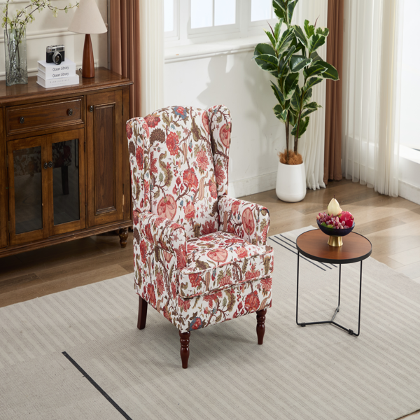 Modern Accent Chair with Retro Wood Legs, Comfy Upholstered Armchair, Floral Design Single Sofa Chair for Living Room Bedroom Office - Floral Red-7