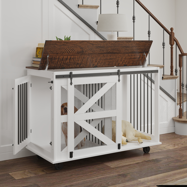 47.2" Mobile Dog Crate with Flip-Top Feeding Door, Dual-Access & 5 Caster System (2 Locking), Side Hooks - Multi-Functional Pet Kennel,double dog crate furniture-9