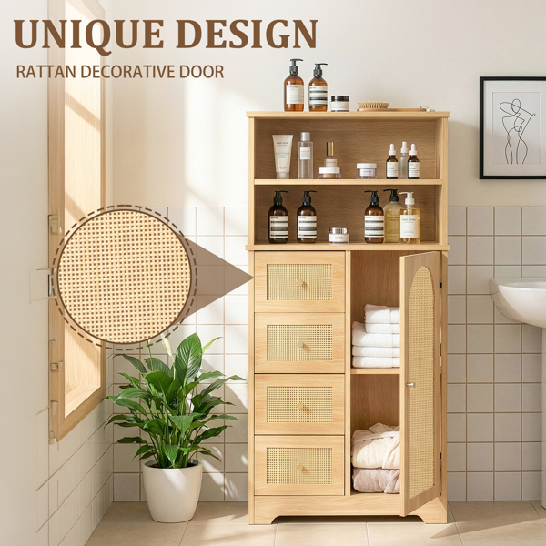 原木色   刨花板三胺贴面带藤面  60*30*120cm  4抽1门4层 浴室立柜-12