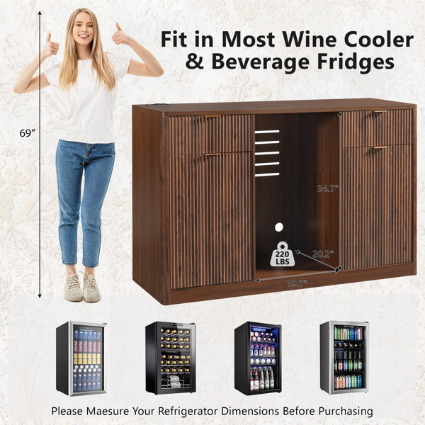 K&K 59" Coffee Bar Cabinet with Fridge Space & Tilt-Out Trash Cabinet, Mini Fridge Wine Cabinet with Storage/Charging Station, Fluted Buffet Sideboard with Glass Holder for Dining Room, Walnut Brown-29