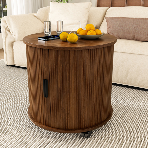 Mid Century Modern Cylinder End Table with Built-in Charging Station & Sliding Door, 2-Tier Storage Round Nightstand with USB Ports, Walnut Bedside Table for Living Room, Bedroom, Entryway-12
