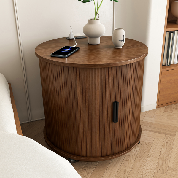 Mid Century Modern Cylinder End Table with Built-in Charging Station & Sliding Door, 2-Tier Storage Round Nightstand with USB Ports, Walnut Bedside Table for Living Room, Bedroom, Entryway-11