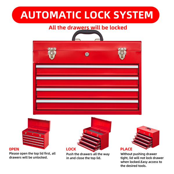 Metal Tool Box with 4 Drawers Portable Steel Tool Chest with Metal Cylinder Lock and Latch Closure, Liner, Red Powder coating, suitable for Garage, Warehouse and Outdoor Repair job-Red-7