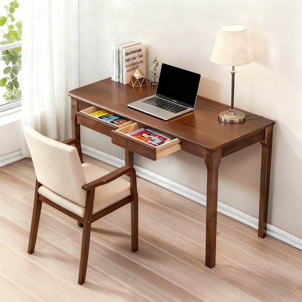 Solid Wood Desk with Drawers, Standing Desk with Smooth Edges, Home Office Desk for Small Spaces, Mid Century Modern Desk for Study, Bedroom, Living Room, Office, (Walnut, 47.24''*21.65''*29.53'')-2