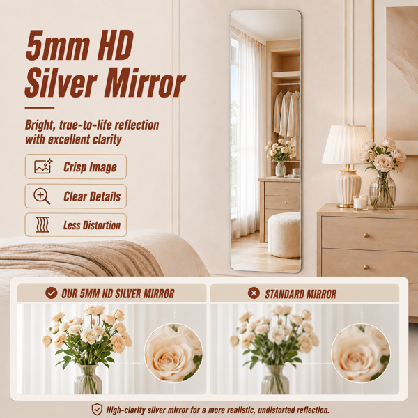 60" x 15" Full Length Wall Mirror, Frameless Rounded Rectangle Body Mirror with Shatter-Resistant Backing, 3 Installation Options, HD Silver Glass Mirror for Bedroom, Closet, Entryway & Salon-5