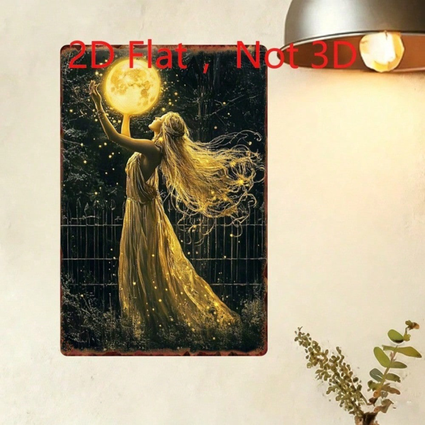 CIFbuy 复古女神手持满月繁星夜锡制装饰牌，天体艺术风格 8x12 英寸（TikTok, temu 自提物流）-4