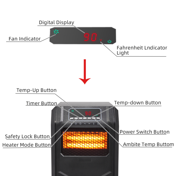 美规 120V 120V,1500W 取暖器 黑色 塑料 石英管/显示屏/配遥控器 箱体式-6