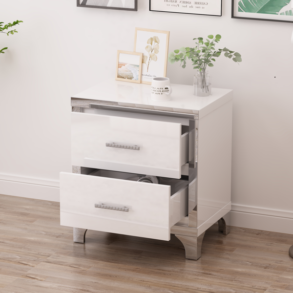 Elegant High Gloss Nightstand with Metal Handle,Mirrored Bedside Table with 2 Drawers for Bedroom,Living Room,White-2