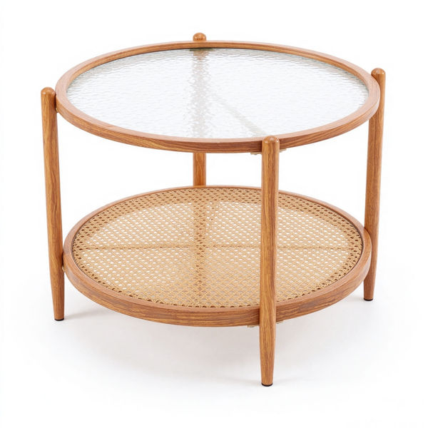 【禁售AM】双层 茶几 热转印木纹 CTR0RWS 65*65*47cm 圆形 水波纹玻璃 PE藤 铁-3