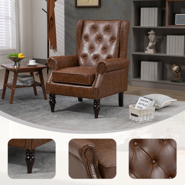 Wood Frame Armchair, Modern Accent Chair Lounge Chair with Sturdy Wood Legs for Living Room Bedroom (Brown PU)-1