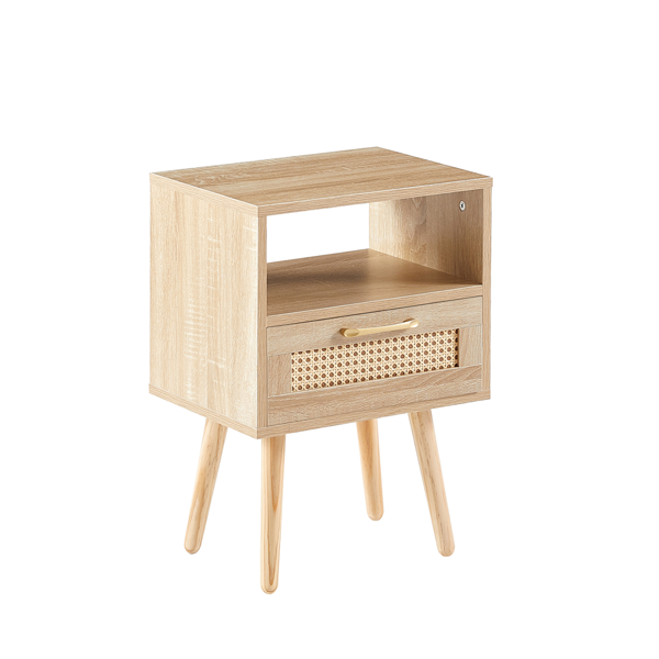 15.75" Rattan End table with  drawer and solid wood legs, Modern nightstand, side table for living room, bedroom,natural-8