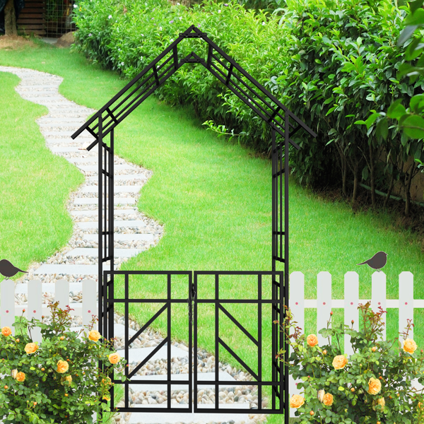 Metal Garden Arch with Gate W58.07*H97.24 Climbing Plants Support Rose Arch Outdoor Black-1