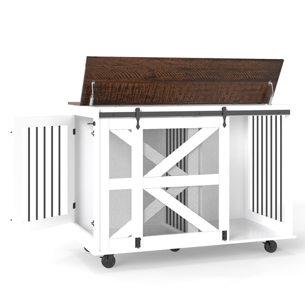 47.2" Mobile Dog Crate with Flip-Top Feeding Door, Dual-Access & 5 Caster System (2 Locking), Side Hooks - Multi-Functional Pet Kennel,double dog crate furniture-11