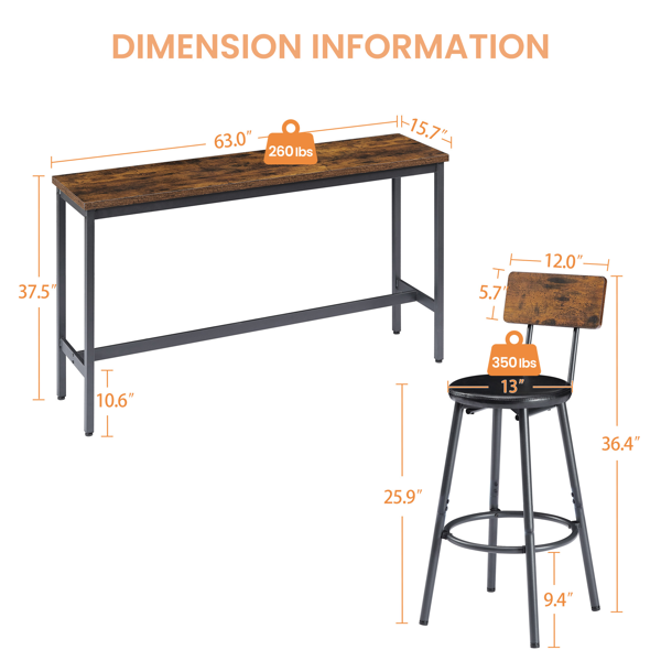 Long Bar Table Set with 3 PU Upholstered Bar Stools, Industrial Bar Table and Chairs for Kitchen Breakfast Table, Living Room, Banquet Hall, Rustic Brown and Black, 63″L x15.7"W x 37.5"H-4