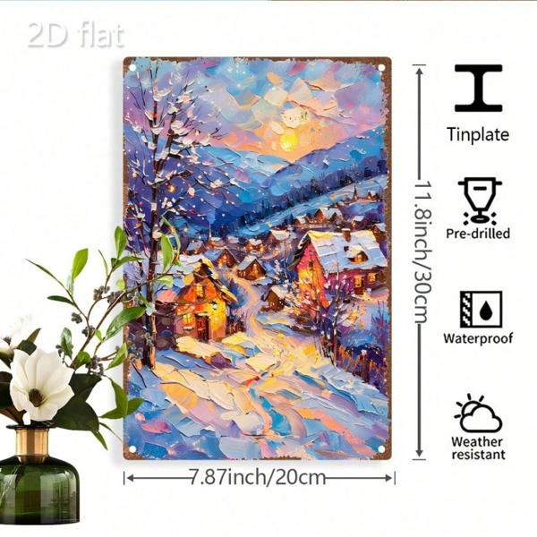 CIFbuy 1件2D平面金属壁饰 冬日村庄雪景，温馨小木屋装饰牌 8x12英寸（TikTok, temu 自提物流）-2