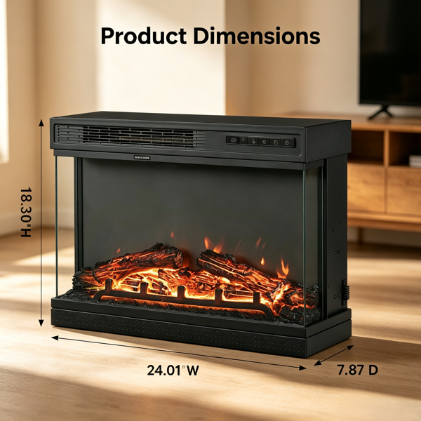 美规 EF-25 120V 1500W 24寸 壁炉芯 黑色 铁 嵌入式/三面玻璃/可调温/定时/带显示/5档火焰明亮度/配假柴/带遥控器 多彩/12色火焰-4