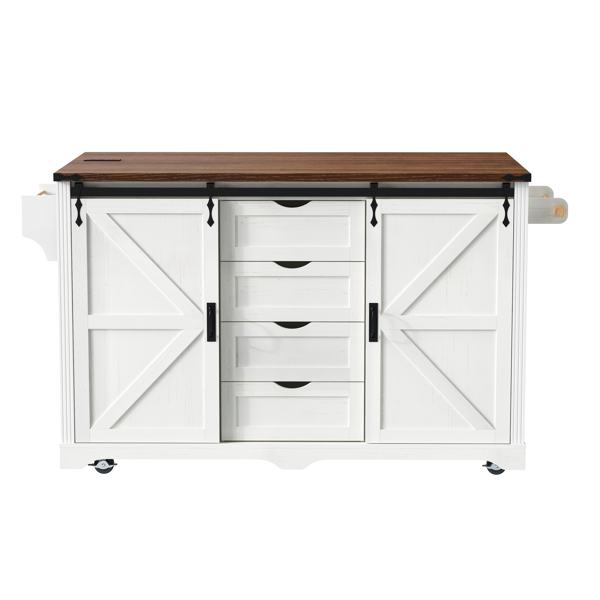 K&K 72" Farmhouse Kitchen Island with Fridge Storage Space & Power Outlet, Rolling Coffee Bar Cabinet on Wheels with 4 Drawers, Sliding Barn Door, Glass Holder, Drop Leaf, Island Kitchen Table, White-35