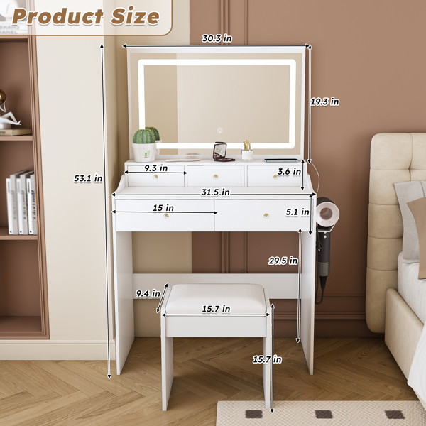 New Large Mirror Vanity Desk for Bed room  , Modern Makeup Vanity Set with Power Outlet and Hair dryer holder, 5 Drawers , 3 Lighting Color Adjustable Dressing Table for Bedroom, White Color-5