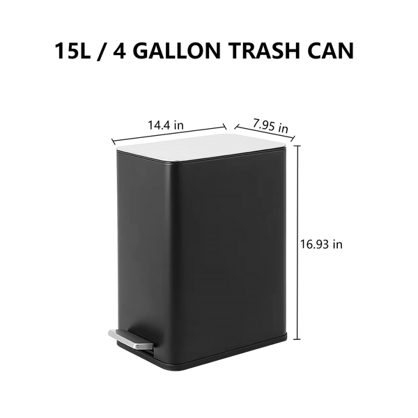 15L/4 加仑长方形不锈钢脚踏垃圾桶，带可拆卸内桶，适用于厨房、浴室、办公室，黑色-2