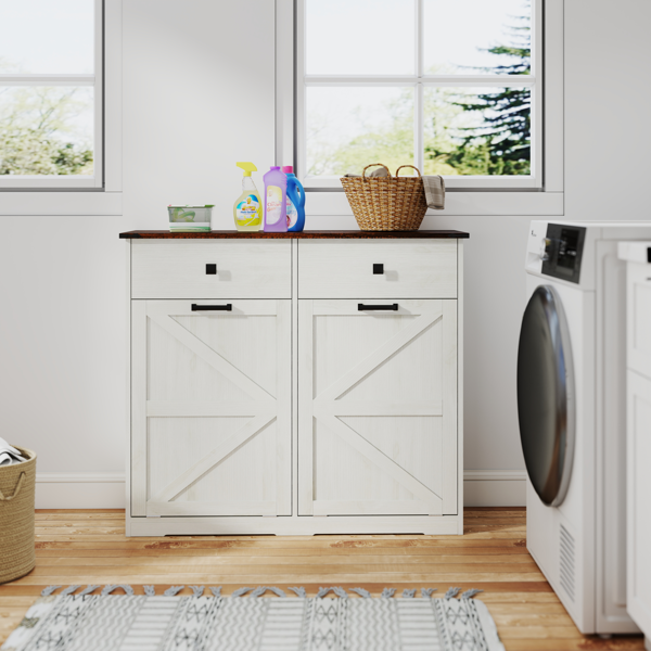 Farmhouse Double Tilt Out Trash Cabinet for 20 Gallon Trash Cans, Free Standing Recycling Cabinet with Hideaway Drawer, Barn Door Style Laundry Sorter Cabinet, Tilt Out Trash Cabinet for Kitchen-11