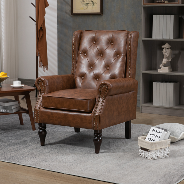 Wood Frame Armchair, Modern Accent Chair Lounge Chair with Sturdy Wood Legs for Living Room Bedroom (Brown PU)-2