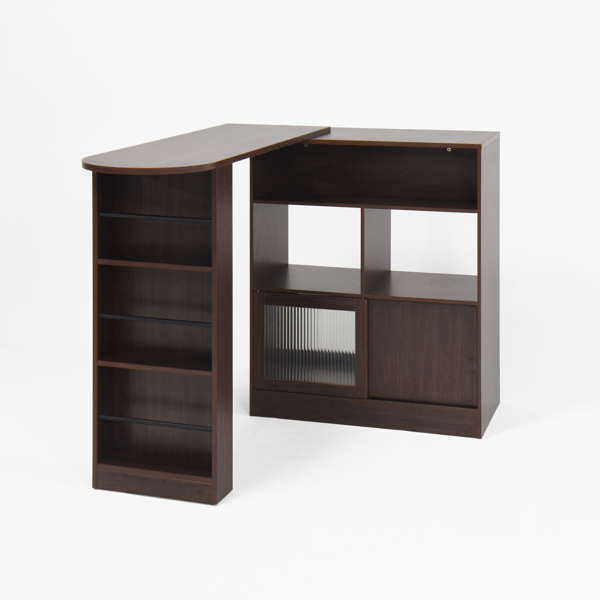 Modern Bar Cabinet with Rotating top, Counter Height Dining Cabinet with 6 Storage space and 2 Ribbed Glass Door for Kitchen, The Rotating Top with 3 Storage Shelves Dining Room, Living Room, Walnut-26