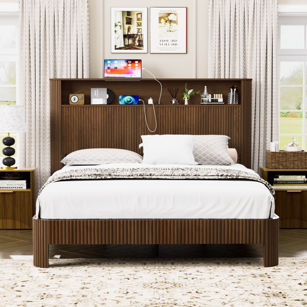 Queen Size bed frame with storage headboard, built-in charging station, wavy curved lines design, silent operation, metal support, Walnut-2
