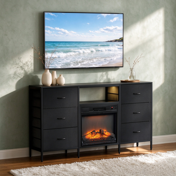 黑色 147.32*30*79.4cm 浮雕密度板贴三胺 六布抽一搁架 铁布木结构 带RGB 适用18in壁炉芯 壁炉电视柜-6