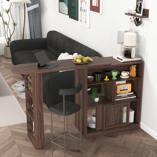 Modern Bar Cabinet with Rotating top, Counter Height Dining Cabinet with 6 Storage space and 2 Ribbed Glass Door for Kitchen, The Rotating Top with 3 Storage Shelves Dining Room, Living Room, Walnut-9