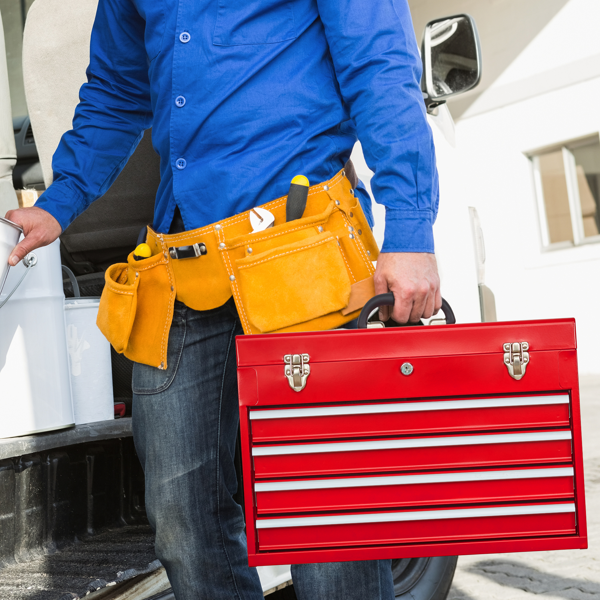 Metal Tool Box with 4 Drawers Portable Steel Tool Chest with Metal Cylinder Lock and Latch Closure, Liner, Red Powder coating, suitable for Garage, Warehouse and Outdoor Repair job-Red-9