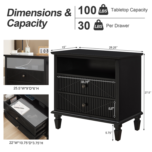 Farmhouse Nightstand with Charging Station, 2-Drawer Engineered Wood Storage Cabinet, Bedside Table for Bedroom-4