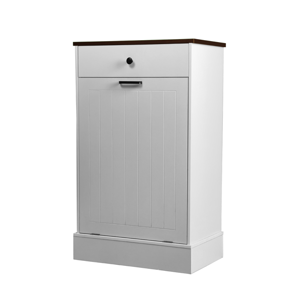 Tilt Out Trash Can Cabinet, Hidden Wooden Trash Can Cabinet with Drawer, Free Standing Garbage Cabinet for Kitchen, 10 Gallon Farmhouse Laundry Hamper Cabinet for Kitchen, Living Room (White)-9